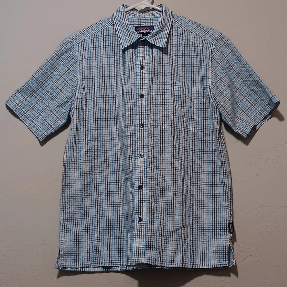 Patagonia Men Shirt Short Sleeve Gingham Organic Cotton SzS Blue